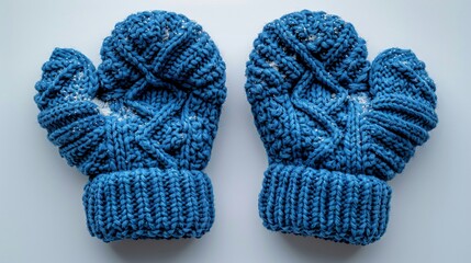 A pair of cozy knitted blue mittens and a pair of blue knit socks lie isolated on a white background, perfect warm winter clothing accessories