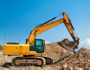 Fototapeta na wymiar excavator blue sky heavy machine construction site. Creative Banner. Copyspace image