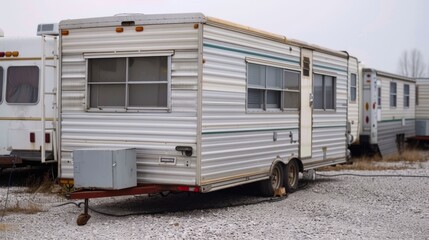 Trailers to rent or buy in the parking lot. trailer manufacturer exhibition