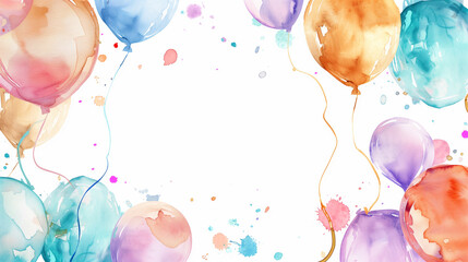 Colorful watercolor balloons with splashes on a white background.