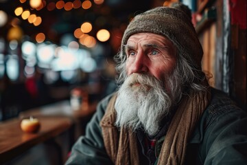 Portrait of an old man with a long gray beard and mustache in a green jacket sitting in a pub.