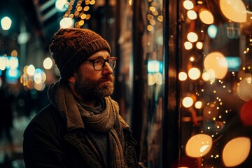 Handsome bearded man in glasses and a knitted hat is standing on the street near the Christmas lights.