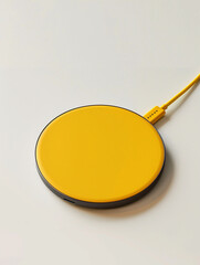 Bright yellow round wireless charging pad with cable.