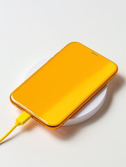 Smartphone charging on a wireless pad with a USB cable attached.