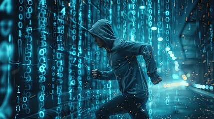 A young man in a hoodie running through a wall of binary code. Hacking computer programs.