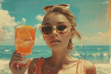 A girl with a retro-style drink on a sea background. It's time for a vacation.