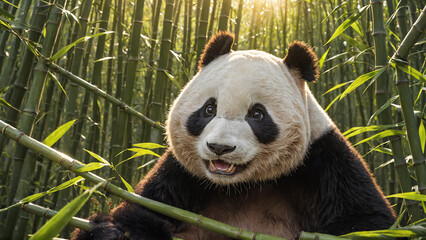 happy panda with bamboo
