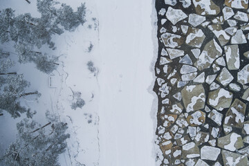 Ice floes floating in off the coast of the Baltic Sea, photo from a drone looking down.