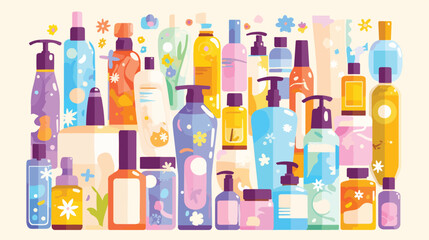 Bottles with cosmetic products and beauty essences.
