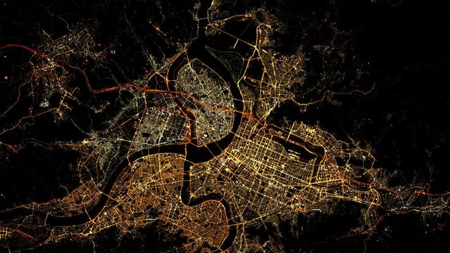 Taipei city night lights flying satellite view, animation based on Nasa images