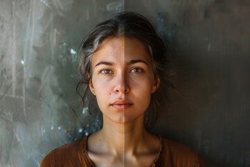 Modern aging benefits from split skin care transitions, revealing breakthroughs in skin care secrets and aging duality alongside old woman care needs.