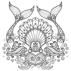 Shellfish and mermaid under the sea hand drawn for adult coloring book - obrazy, fototapety, plakaty