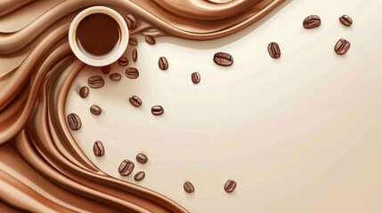 A cup of coffee is on a table with a brown cloth and a pile of coffee beans. Concept of relaxation and comfort, as the coffee and cloth are associated with leisurely activities