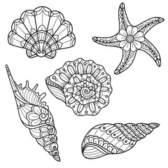 Shellfish pattern hand drawn for adult coloring book - obrazy, fototapety, plakaty