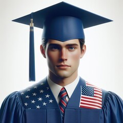 A photorealistic image of an American graduate wearing a blue cap and gown white background