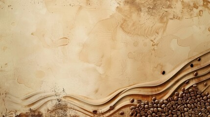 A coffee bean design is on a brown background. The design is made up of coffee beans and has a wavy pattern