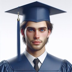 A photorealistic image of an American graduate wearing a blue cap and gown white background - obrazy, fototapety, plakaty