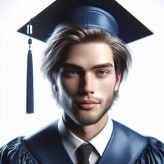 A photorealistic image of an American graduate wearing a blue cap and gown white background - obrazy, fototapety, plakaty