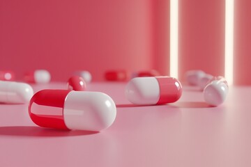 Red and white medical capsules in a minimalist pastel pink setting, enhanced by dramatic columnar lighting.
 - obrazy, fototapety, plakaty