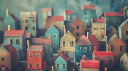 A row of colorful houses with a yellow house in the middle. The houses are small and made of cardboard - Powered by Adobe