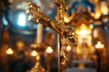 golden crucifix close-up in a Catholic church. Blurred background, interior of the cathedral.
