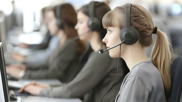 Call center agents using headsets and computers to assist customers remotely. Concept Remote Customer Support, Headset Communication, Computer Assistance