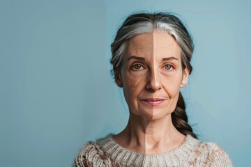 Anti-aging cosmetics bridge young longevity with age divisions, emphasizing vitality in aging comparisons and renewal strategies for split age portrayals. - obrazy, fototapety, plakaty