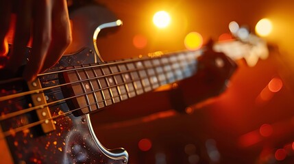 Fototapeta premium Bass guitar close-up, fingers plucking strings, the rhythm section of a rock band in the spotlight