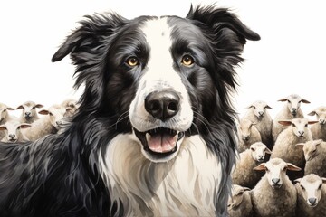 A happy Border Collie herding a flock of sheep - obrazy, fototapety, plakaty