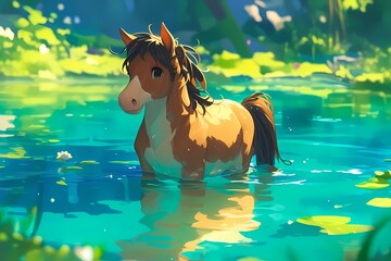 cute cartoon horse in river water