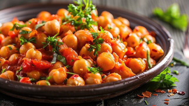Chickpeas baked with tomato sauce and seasonings