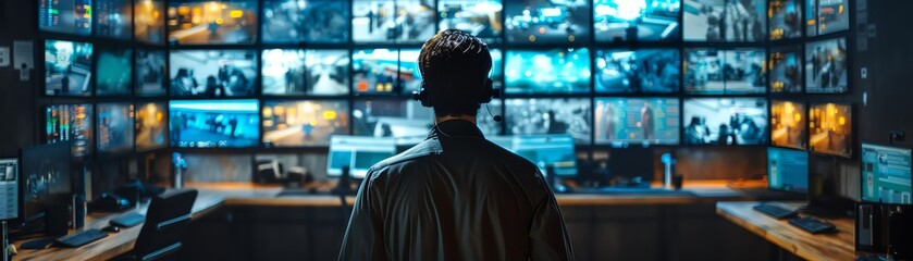 Close-up on the monitoring screens in a store's security office, overseeing all angles for complete protection