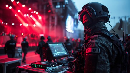 Detail of a security team's coordinated effort at a concert, close-up on equipment and teamwork in action