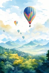 Fototapeta premium A watercolor painting of a hot air balloon above the mountains.