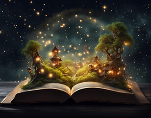 Fantasy world rising from the pages of an open. Concept of reading magic, make believe, imagination. Digital illustration. CG Artwork Background - obrazy, fototapety, plakaty