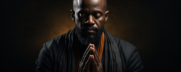 Homme noir priant avec les mains jointes sur un fond noir, espace de copie pour une bannière de texte. Concept de christianisme et de prison