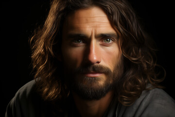 Fototapeta premium Jésus regardant la caméra, isolé sur fond noir, portrait, photoréaliste