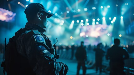 Detail of a security team's coordinated effort at a concert, close-up on equipment and teamwork in action
