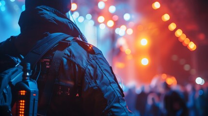 Detail of a security team's coordinated effort at a concert, close-up on equipment and teamwork in action