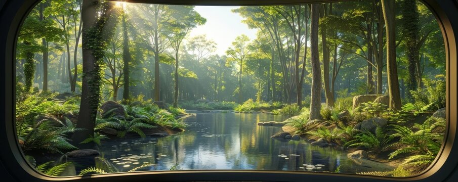 The view from the spaceship window of a lush alien forest with a river running through it.