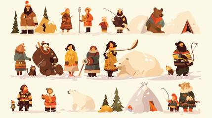 Bundle of Eskimo men women and children in traditio - obrazy, fototapety, plakaty