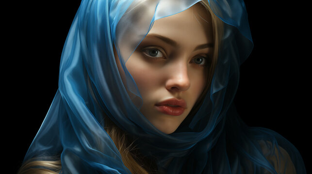 Portrait of the beautiful Mary, mother of Jesus in a blue veil on a black background