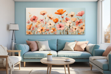 Abstract oil painting of colorful wildflowers in a nature background. Handpainted flower landscape with blurred brush strokes and soft lighting. Modern art for wall decor