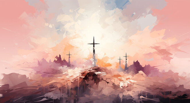 Peinture abstraite de trois croix sur une colline avec Jésus devant.
