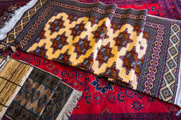 traditional oriental Asian carpets rug at the bazaar in Uzbekistan