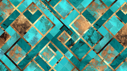 Abstract Geometric Art in Vivid Aqua with Bronze Highlights.