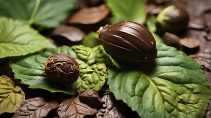 A close-up of chocolate and leaves, depicting a range of ripeness stages from green to brown. The chocolate's varying colors and textures are contrasted by the lush green leaves, creating a visually a - obrazy, fototapety, plakaty