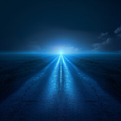 The blue light at the end of the road, light a long the road, night, sky - obrazy, fototapety, plakaty