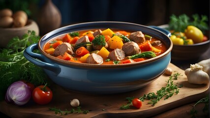 Artistic Image, Stew with Vegetables, Digital Illustration, Art Styles: Vibrant Realism and Hyperrealism, Art Inspirations: Traditional Cuisine Art and Vibrant Food Artworks, Camera: Sony Alpha 7 III, - obrazy, fototapety, plakaty