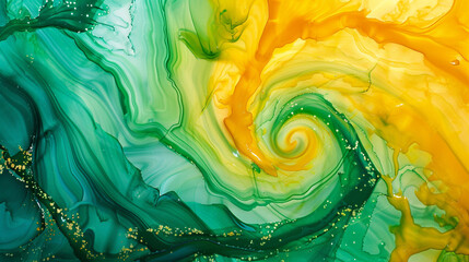 Agate Texture in Alcohol Ink with Swirls of Bright Yellow and Deep Green.